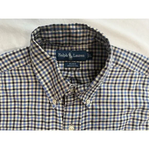 Ralph Lauren Blake Flannel Button Down 100% Cotton Size LARGE Blue Black White - Picture 6 of 8